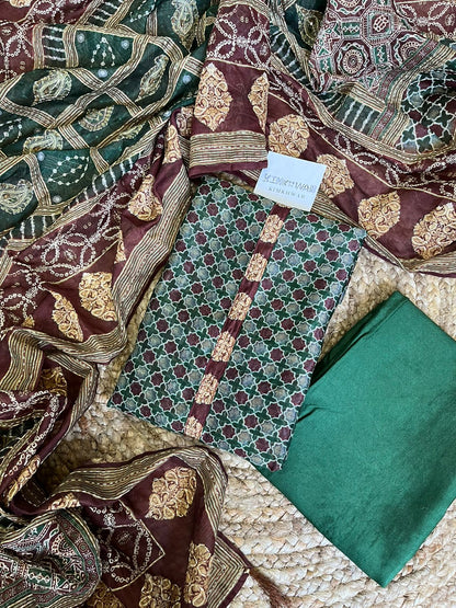 Maheshwari Kantha work Ajrakh Unstitched suit