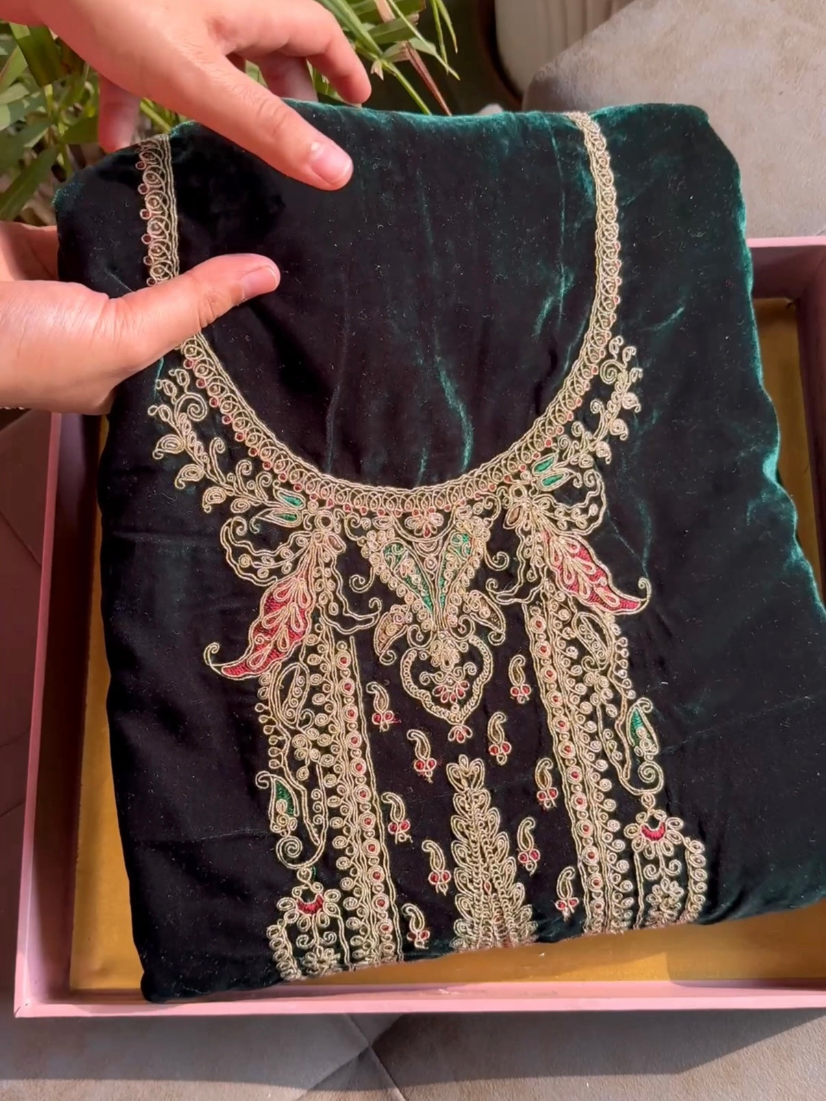 Velvet brocade marori aari work suit