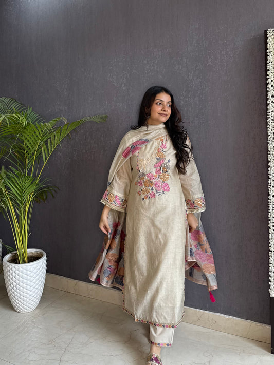 Linen jamdani aquatic kurta set