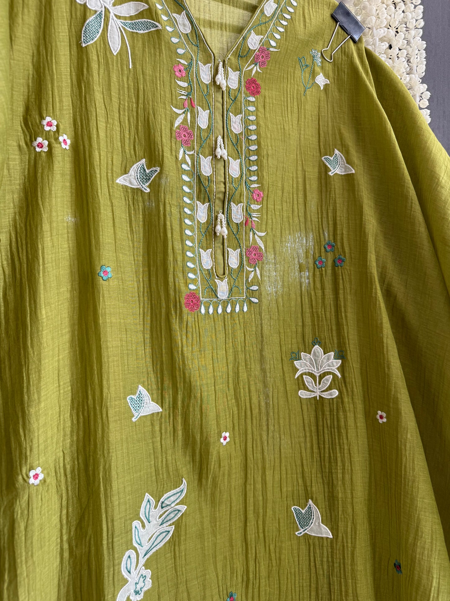 Luxurious Mul chanderi appliqué work suit