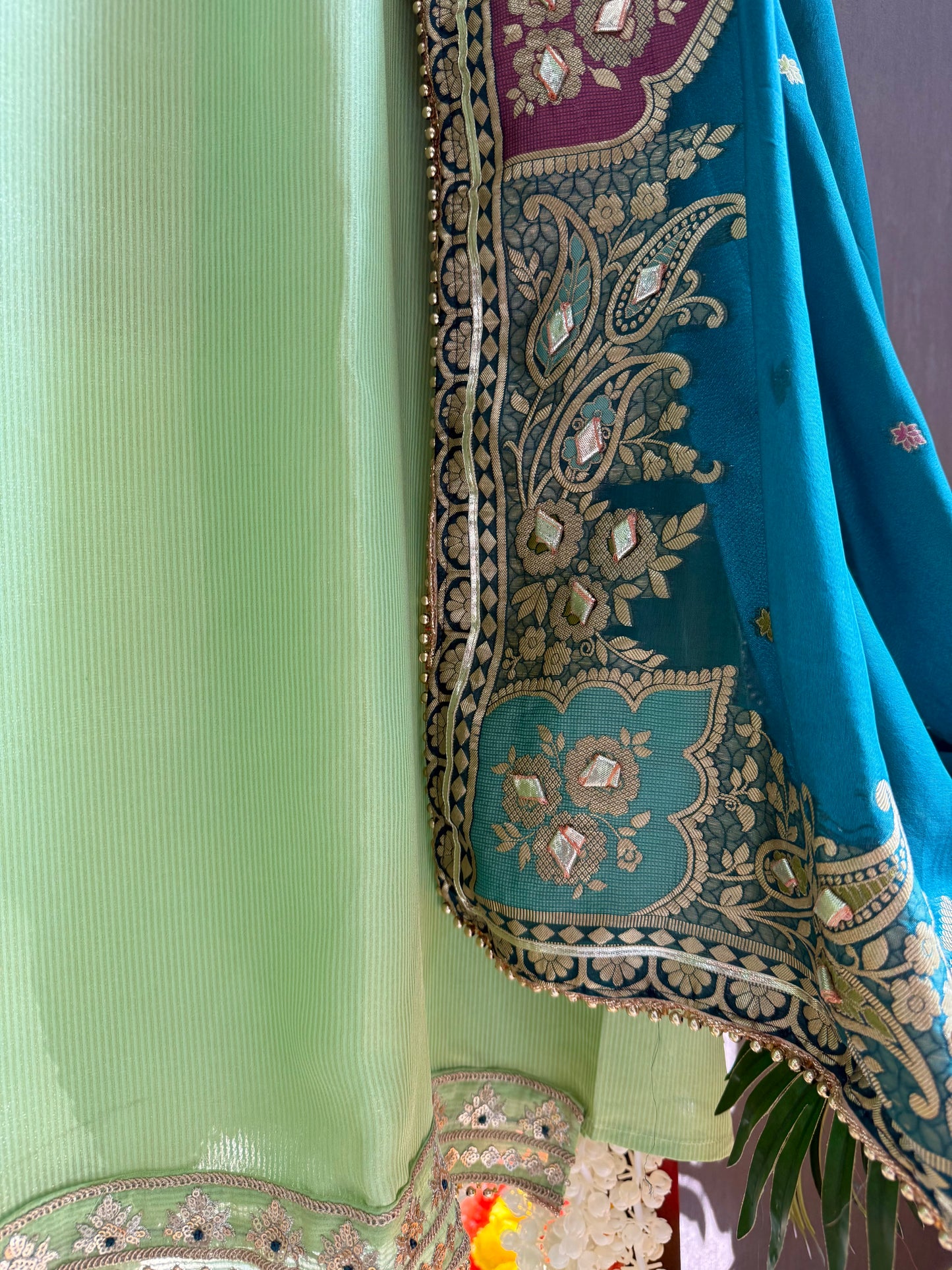 Tissue zari Aari work Meenakari suit