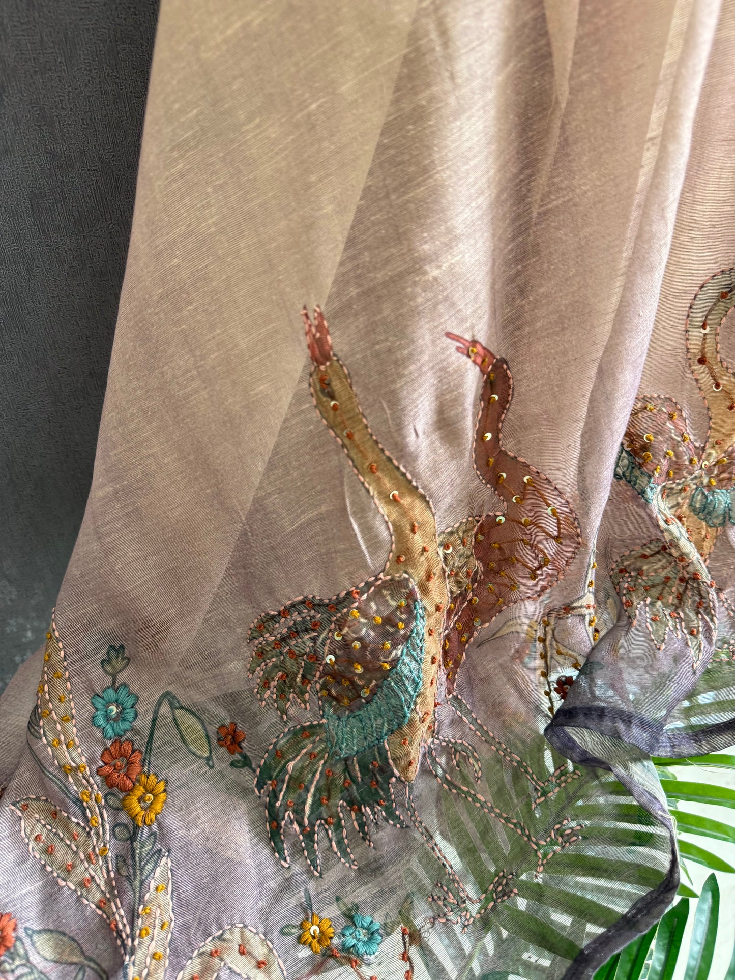 Pure linen birds frenchknot kantha work suit