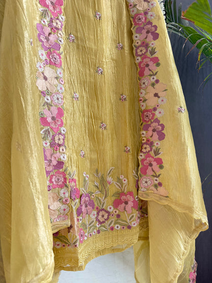 Luxurious Mul chanderi appliqué work floral suit
