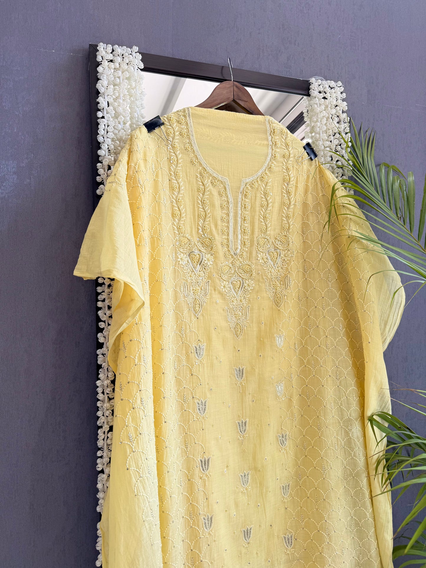 Luxurious Mul chanderi lucknowi tulip and hearts suit