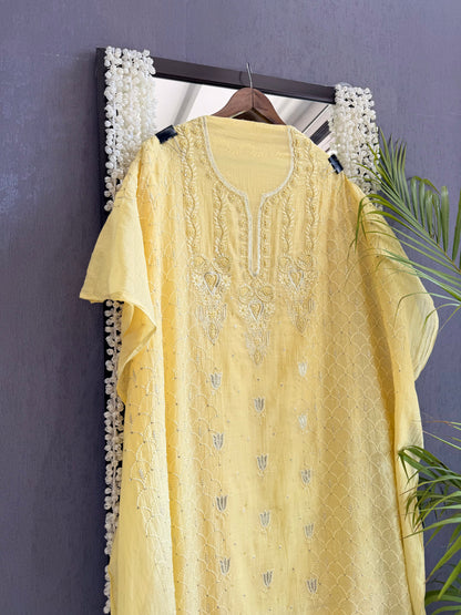 Luxurious Mul chanderi lucknowi tulip and hearts suit