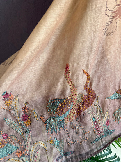 Pure linen birds frenchknot kantha work suit
