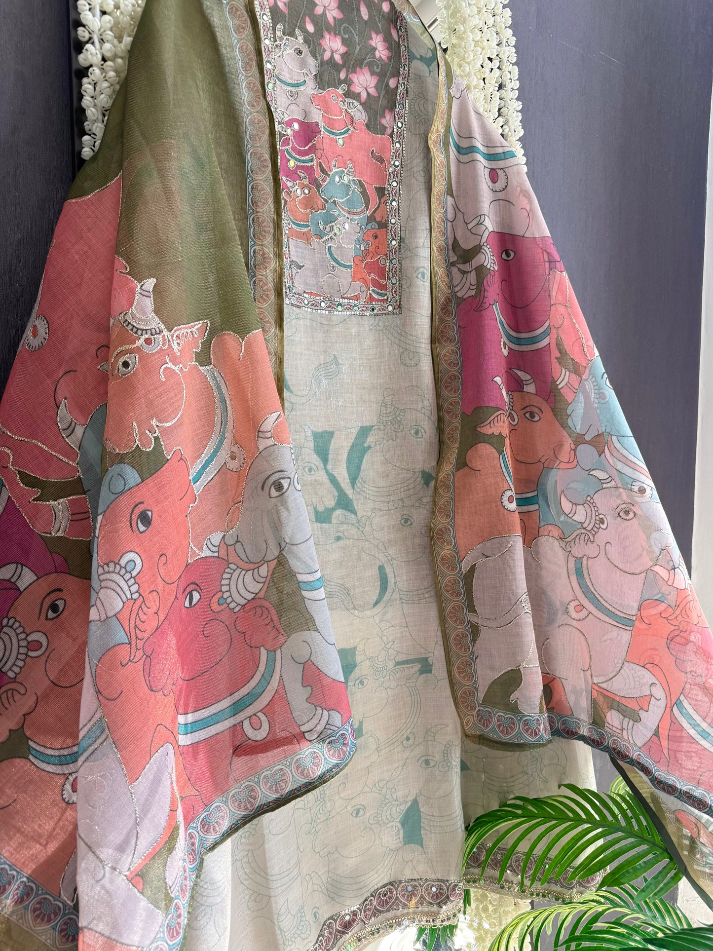 Linen jamdani pichwai suit