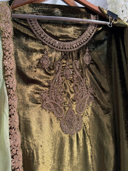 Velvet brocade marori aari work suit