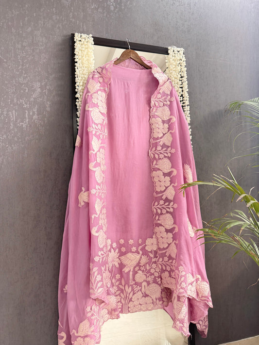 Organza appliqué work flamingos suit