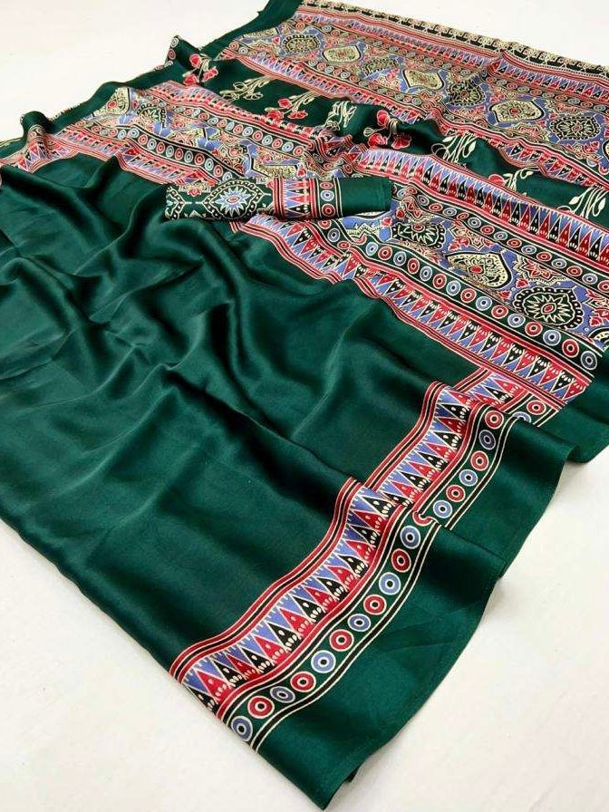 Satin crepe Ajrakh printed saree