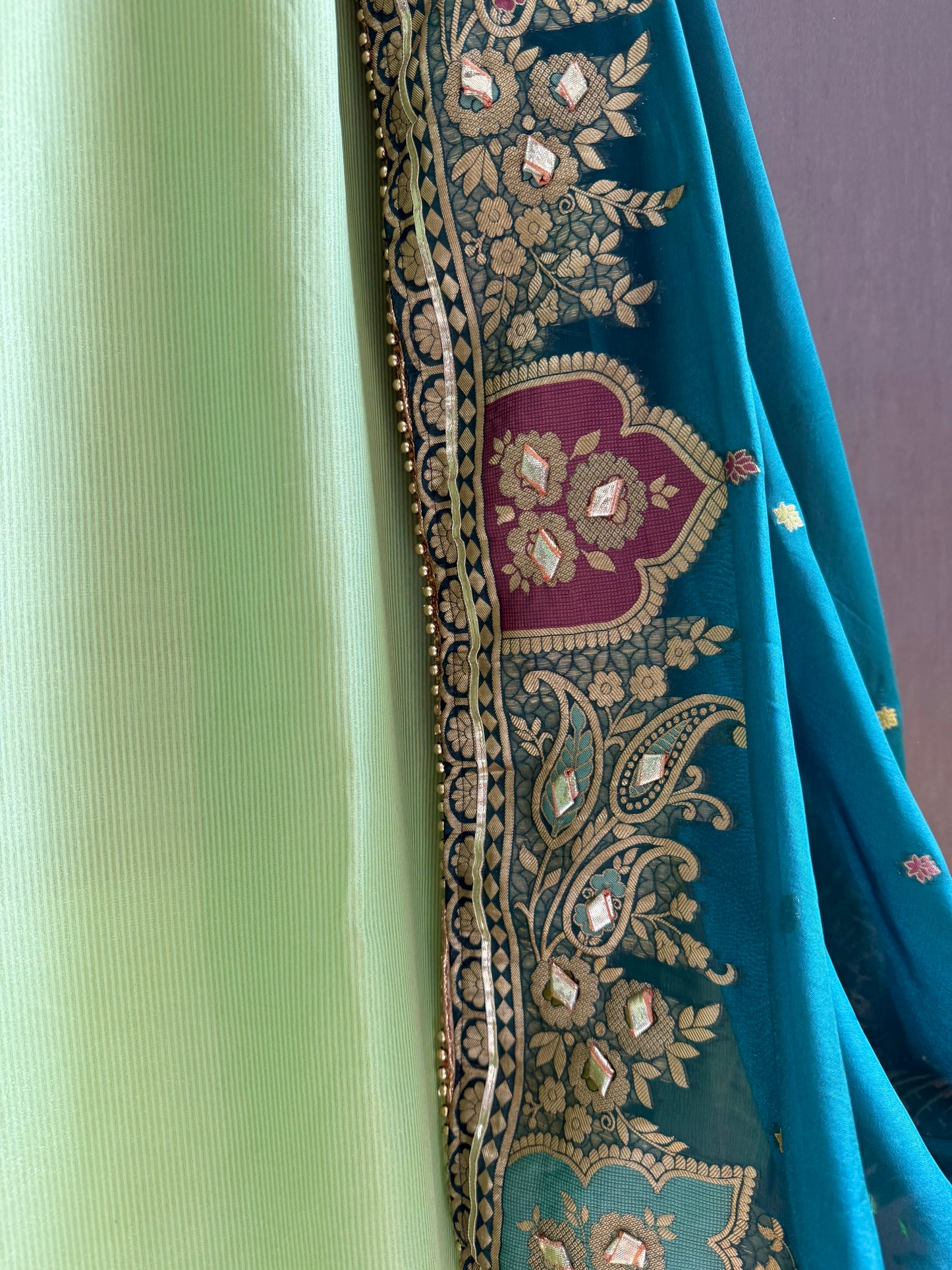 Tissue zari Aari work Meenakari suit