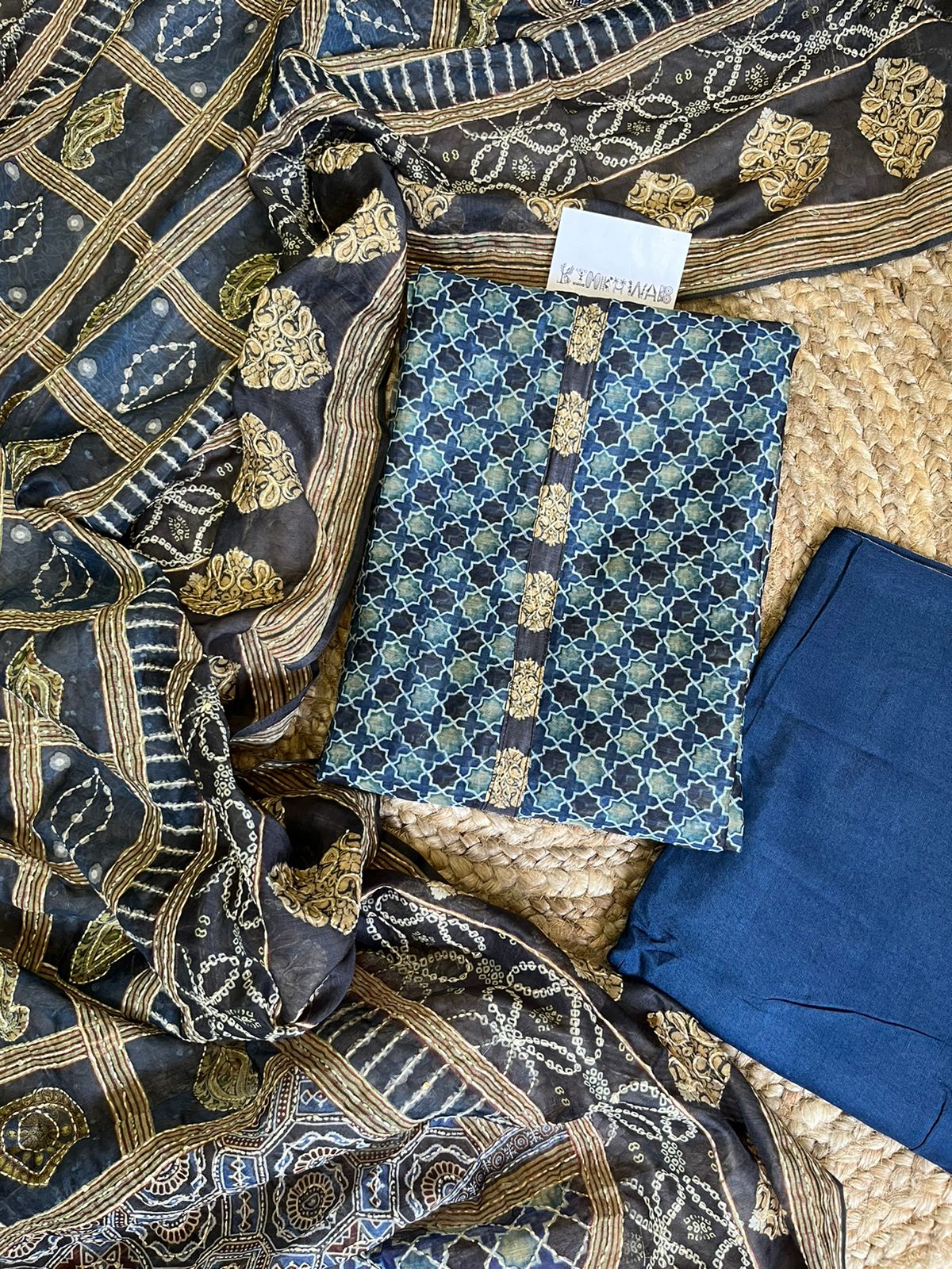 Maheshwari Kantha work Ajrakh Unstitched suit