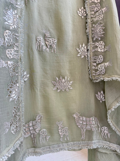 Luxurious Mul chanderi gota appliqué work suit