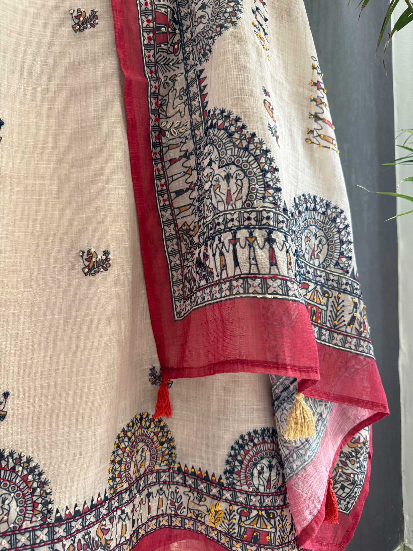 Linen worli art  Kantha work suit