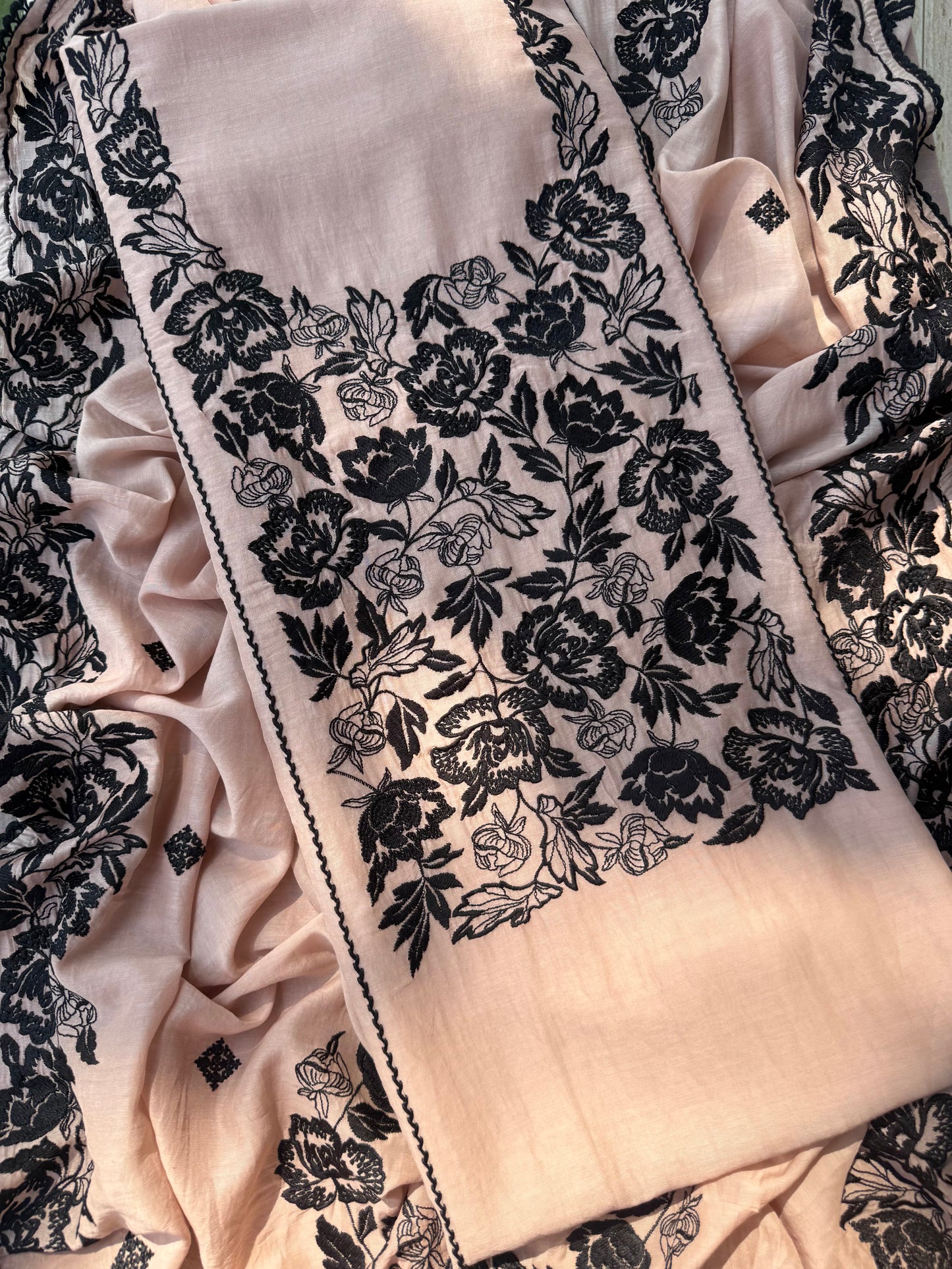 Luxurious Mul chanderi Parsi work florals suit