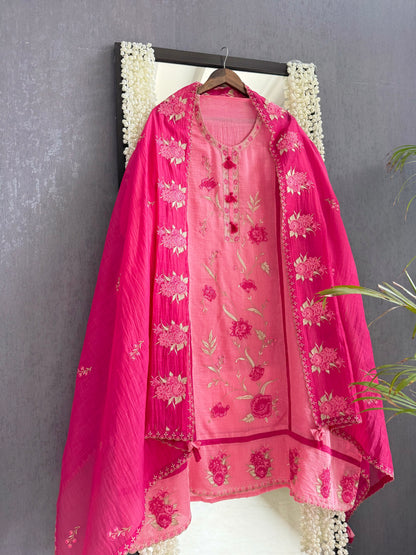 Luxurious Mul chanderi appliqué floral suit