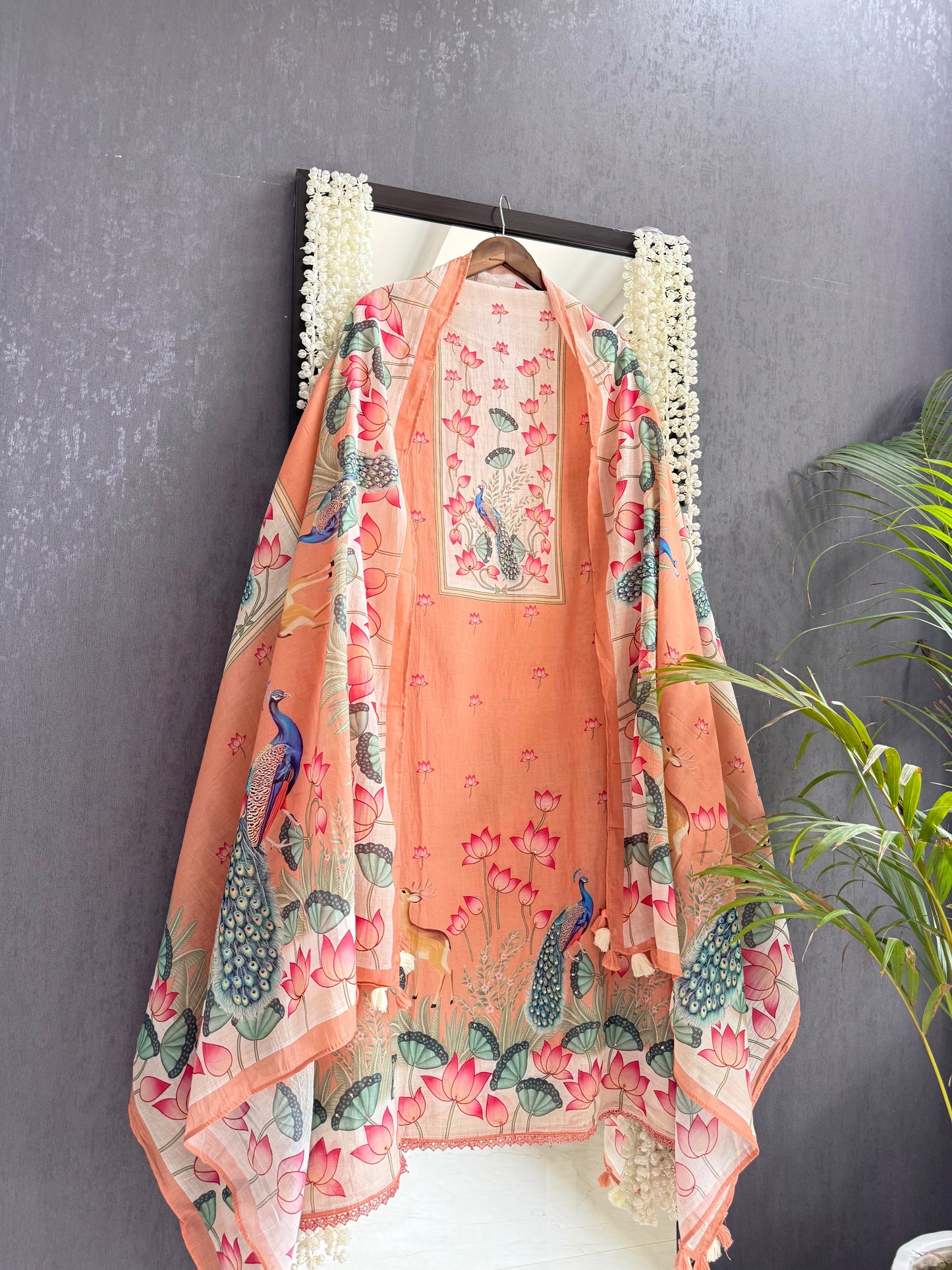Mulmul cotton deers peacock handwork suit