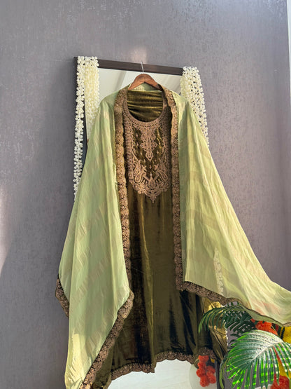 Velvet brocade marori aari work suit