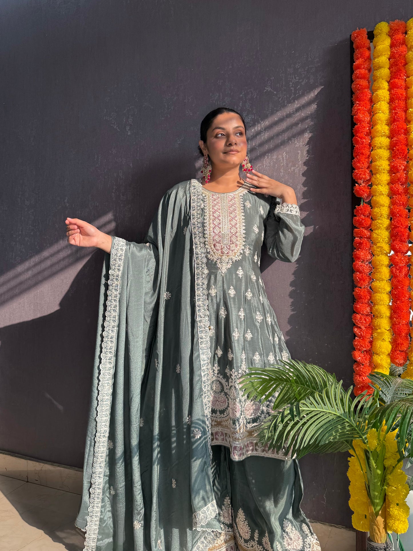 Chinon embroidered Anarkali Sharara suit