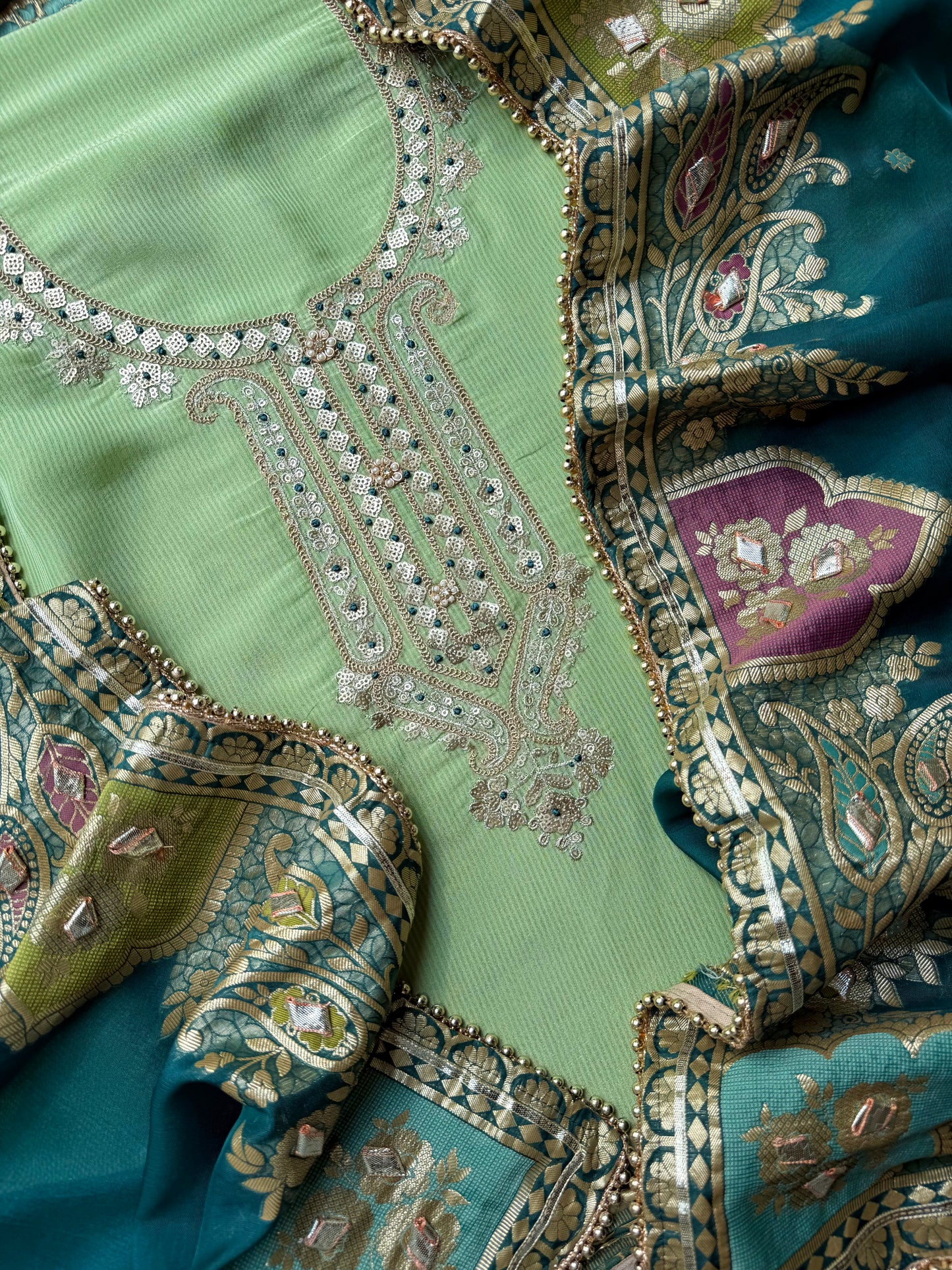 Tissue zari Aari work Meenakari suit
