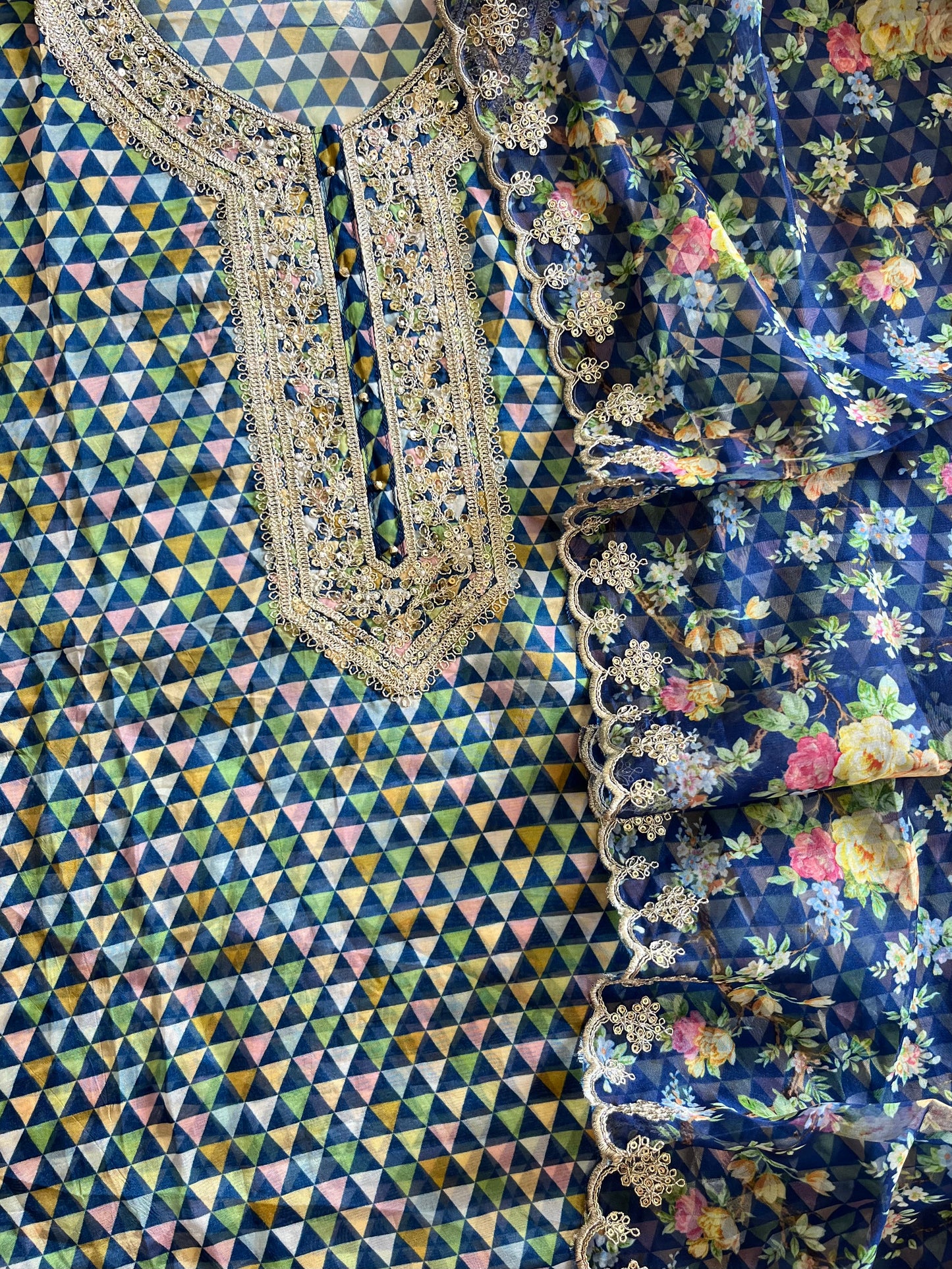 Aari work pearlwork organza suits