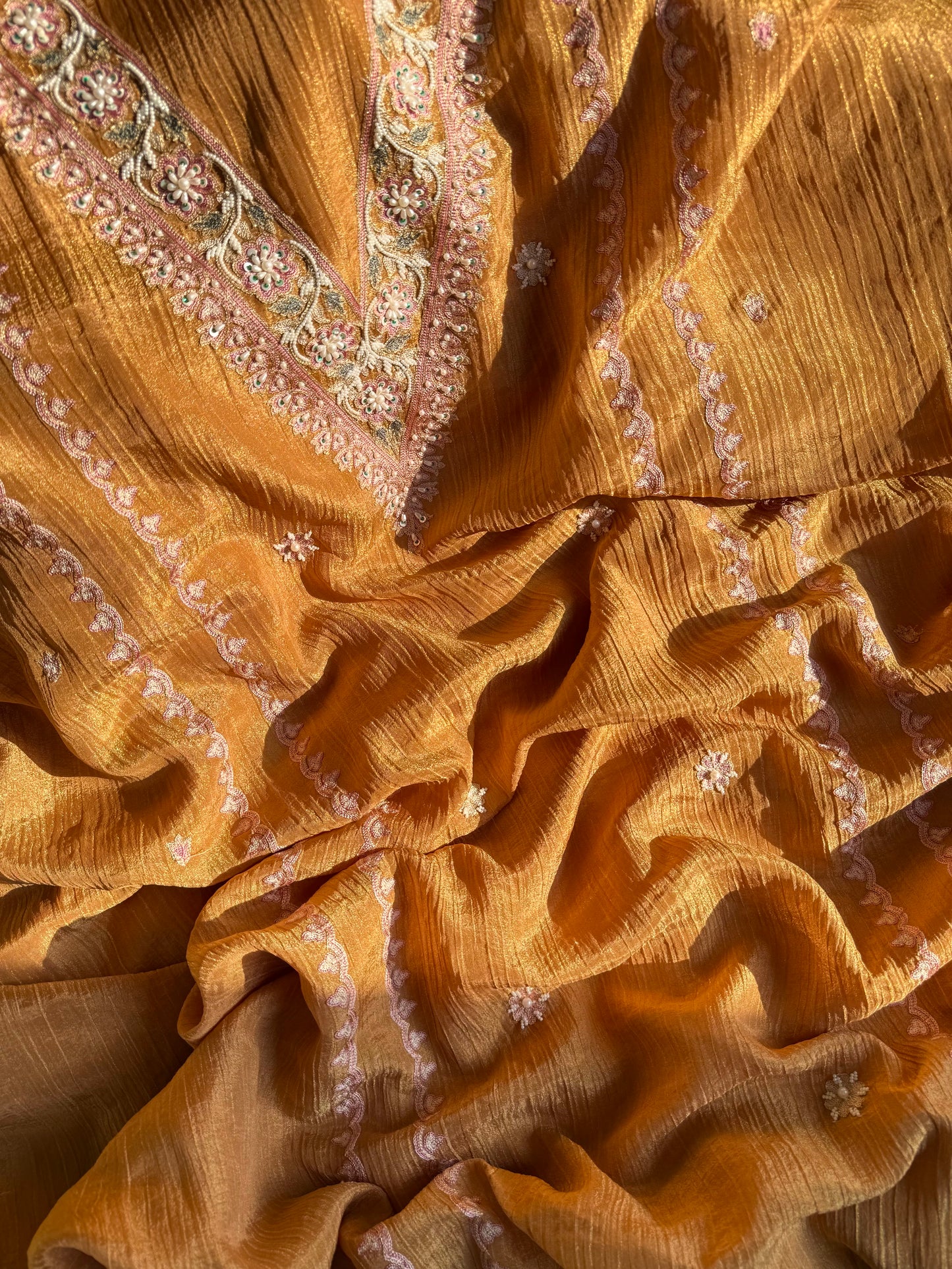 Crush tissue kashmiri aari work suit