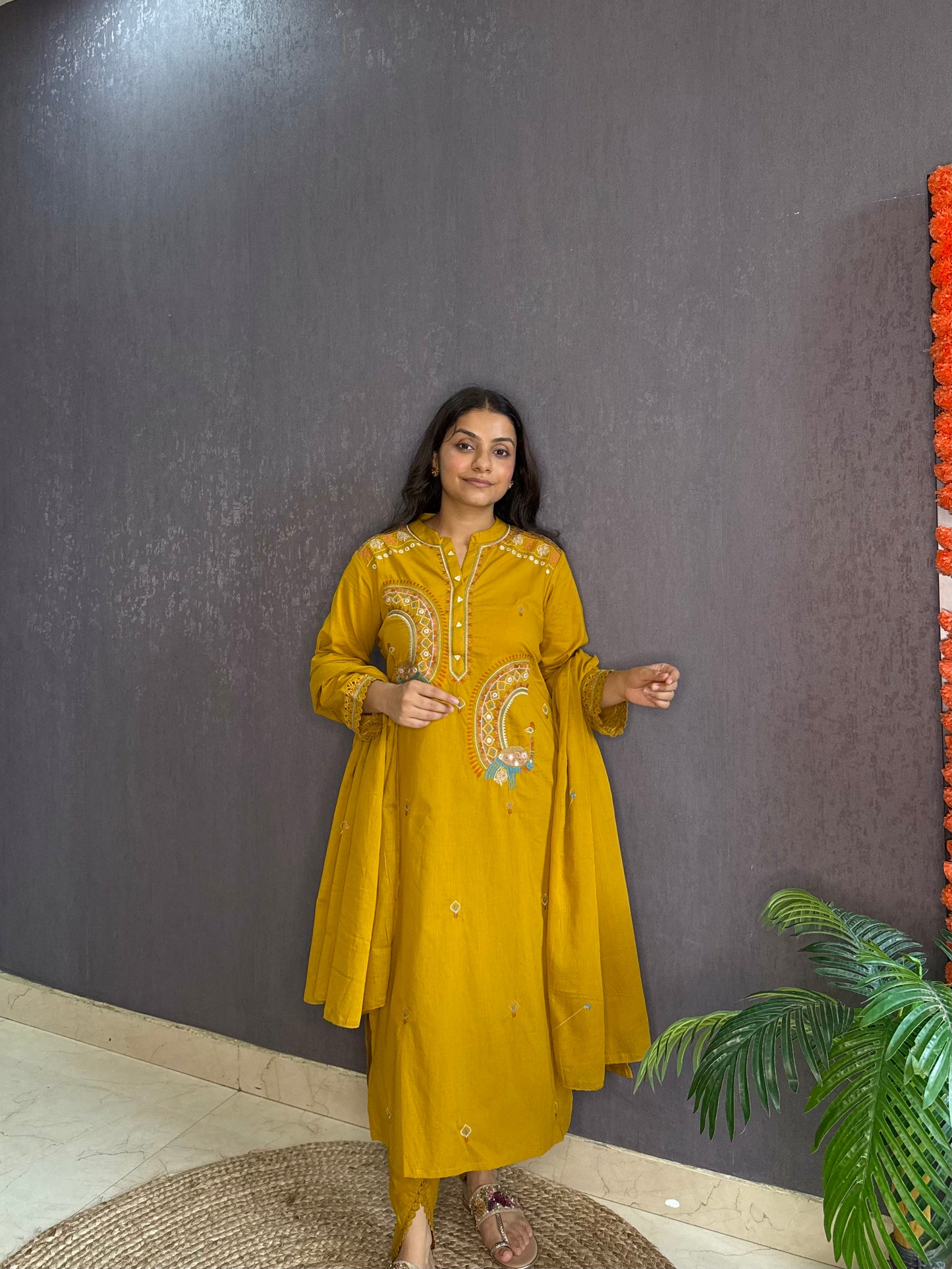 Pure cotton tulip pants peacock suit set