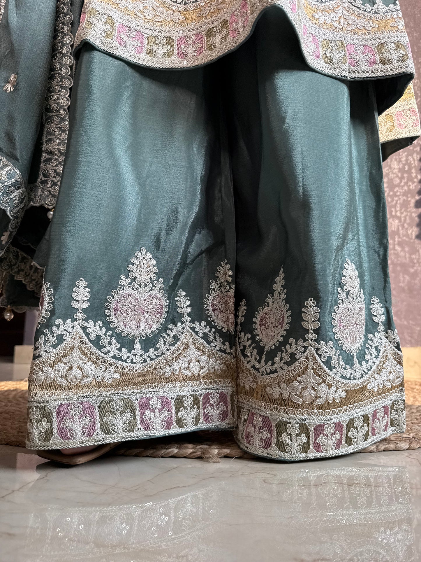 Chinon embroidered Anarkali Sharara suit