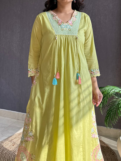 Premium mul cotton embroidered handwork Aline suit