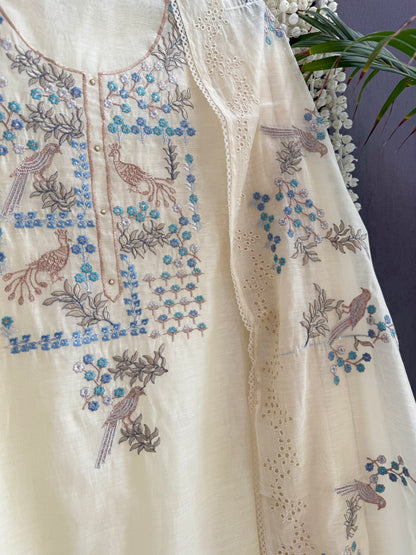 Luxurious Mul chanderi schiffili peacock suit