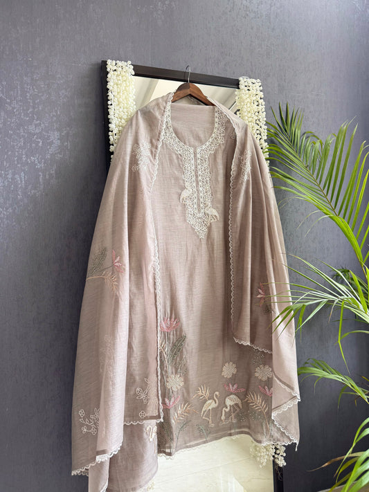 Luxurious Mul chanderi flamingos handwork suit