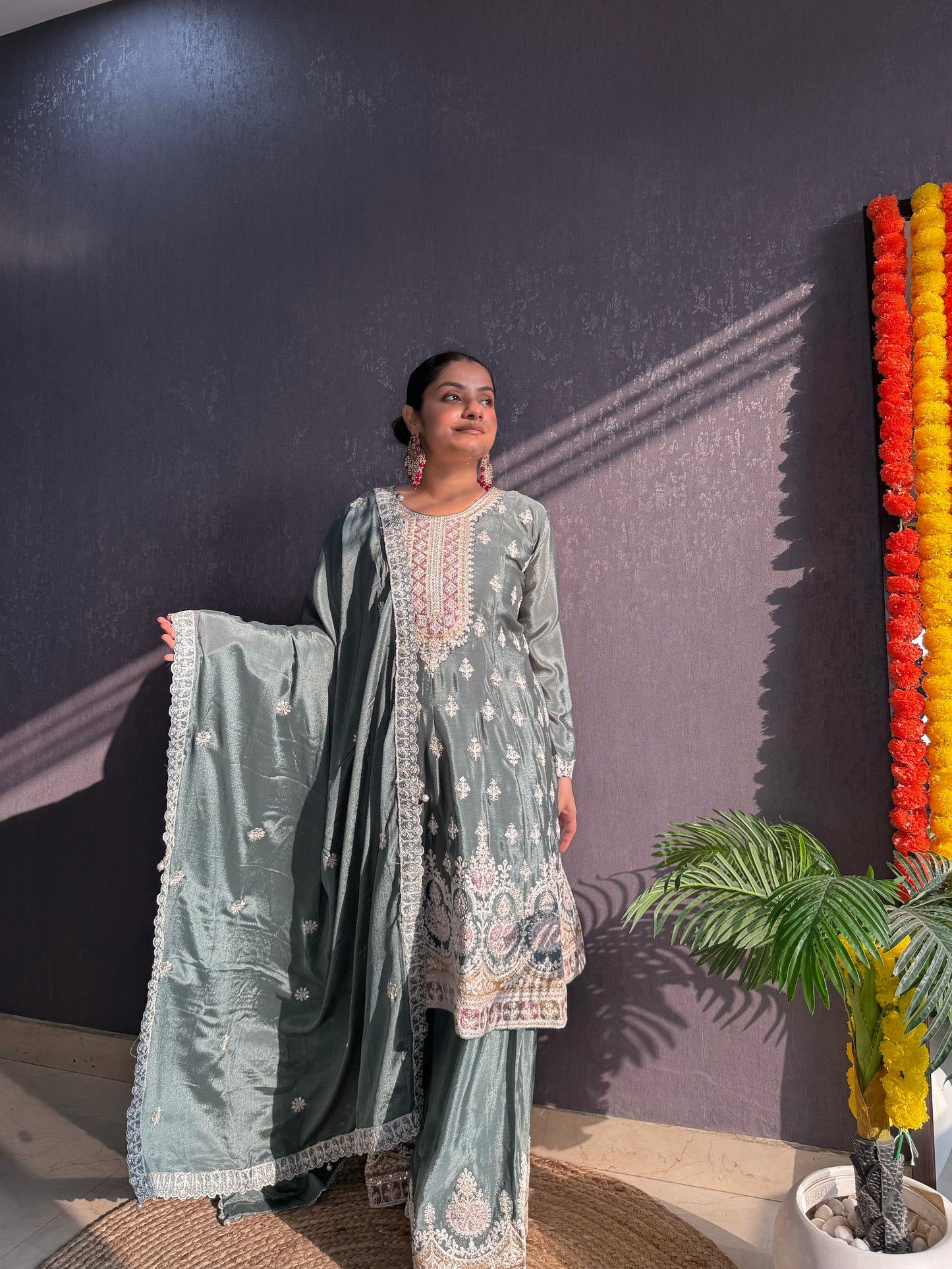 Chinon embroidered Anarkali Sharara suit