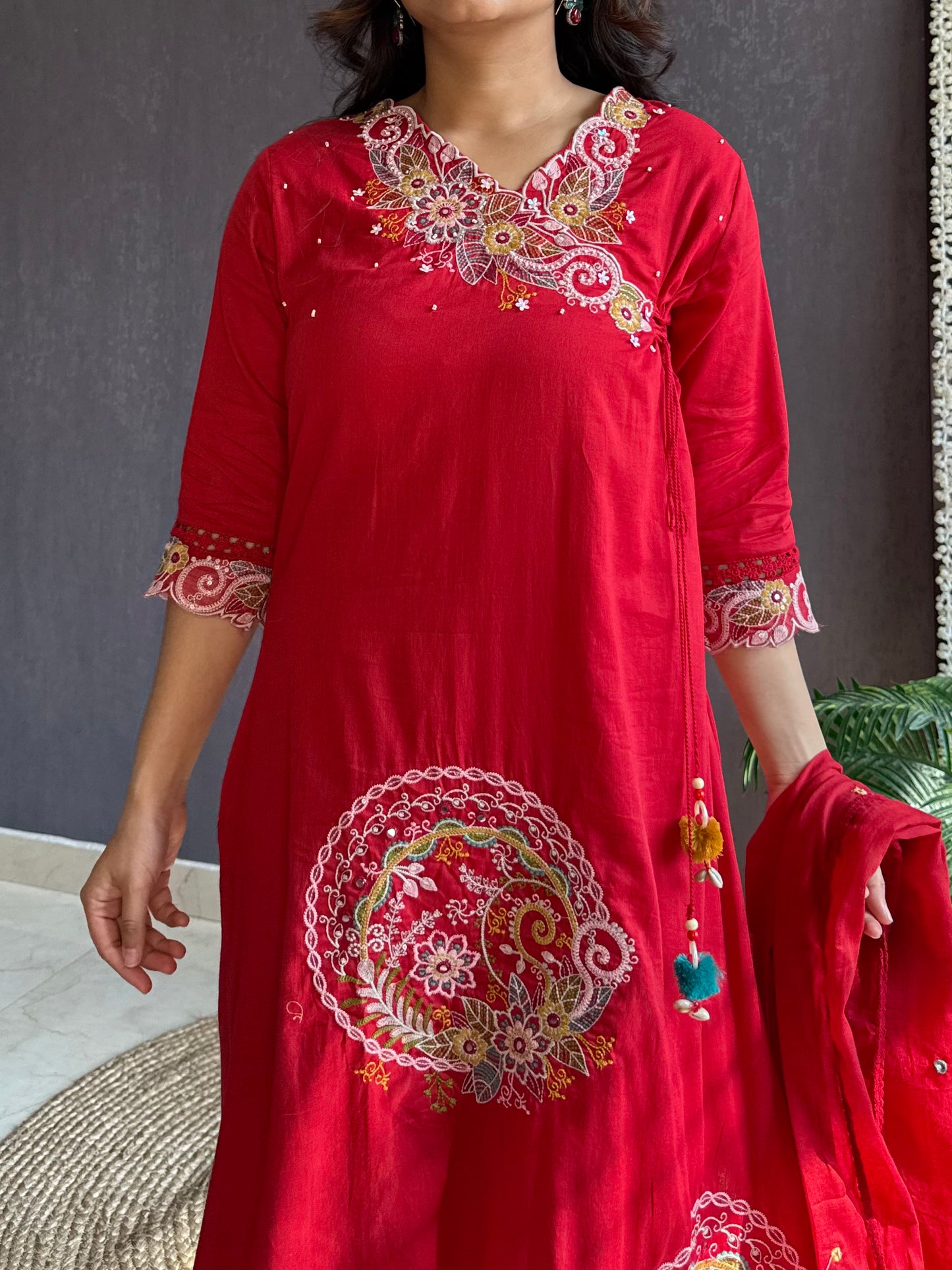 Premium mul cotton embroidered handwork Aline suit