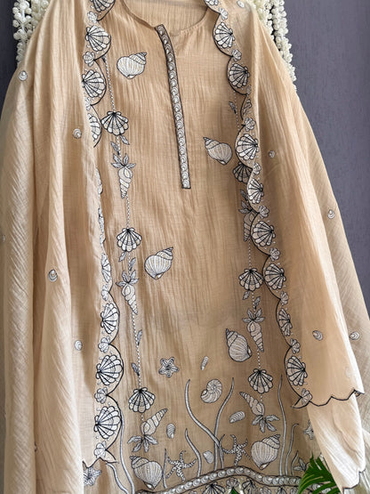 Luxurious Mul chanderi aqua shells suit