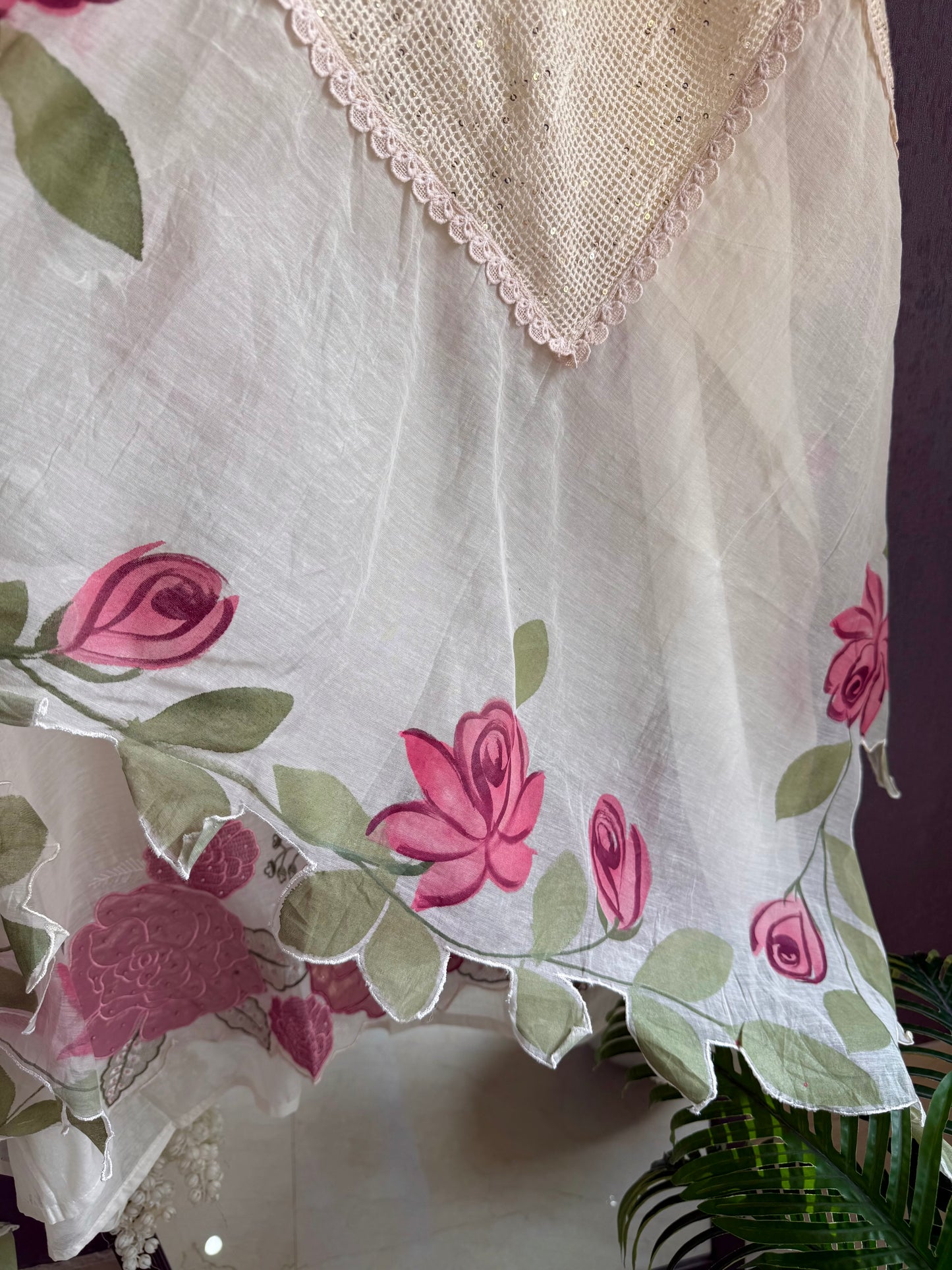 Luxurious Mul chanderi handpainted florals suit