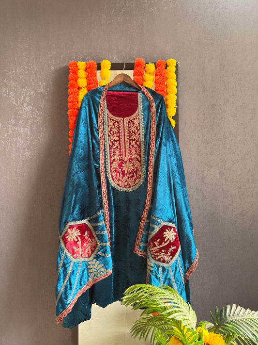Velvet Front back Marori Aari work suit