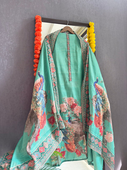 Pure linen peacock kantha work suit