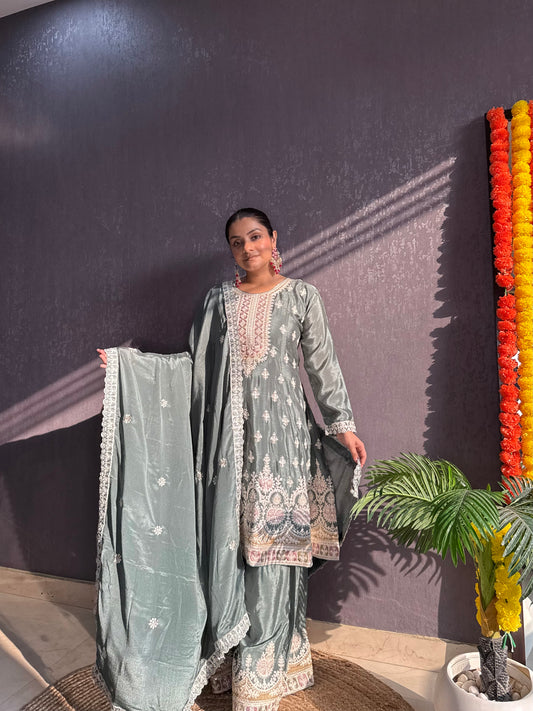 Chinon embroidered Anarkali Sharara suit