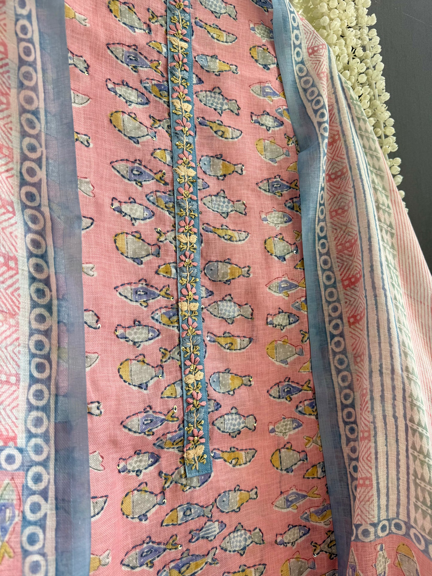 Linen fishes kantha work suit