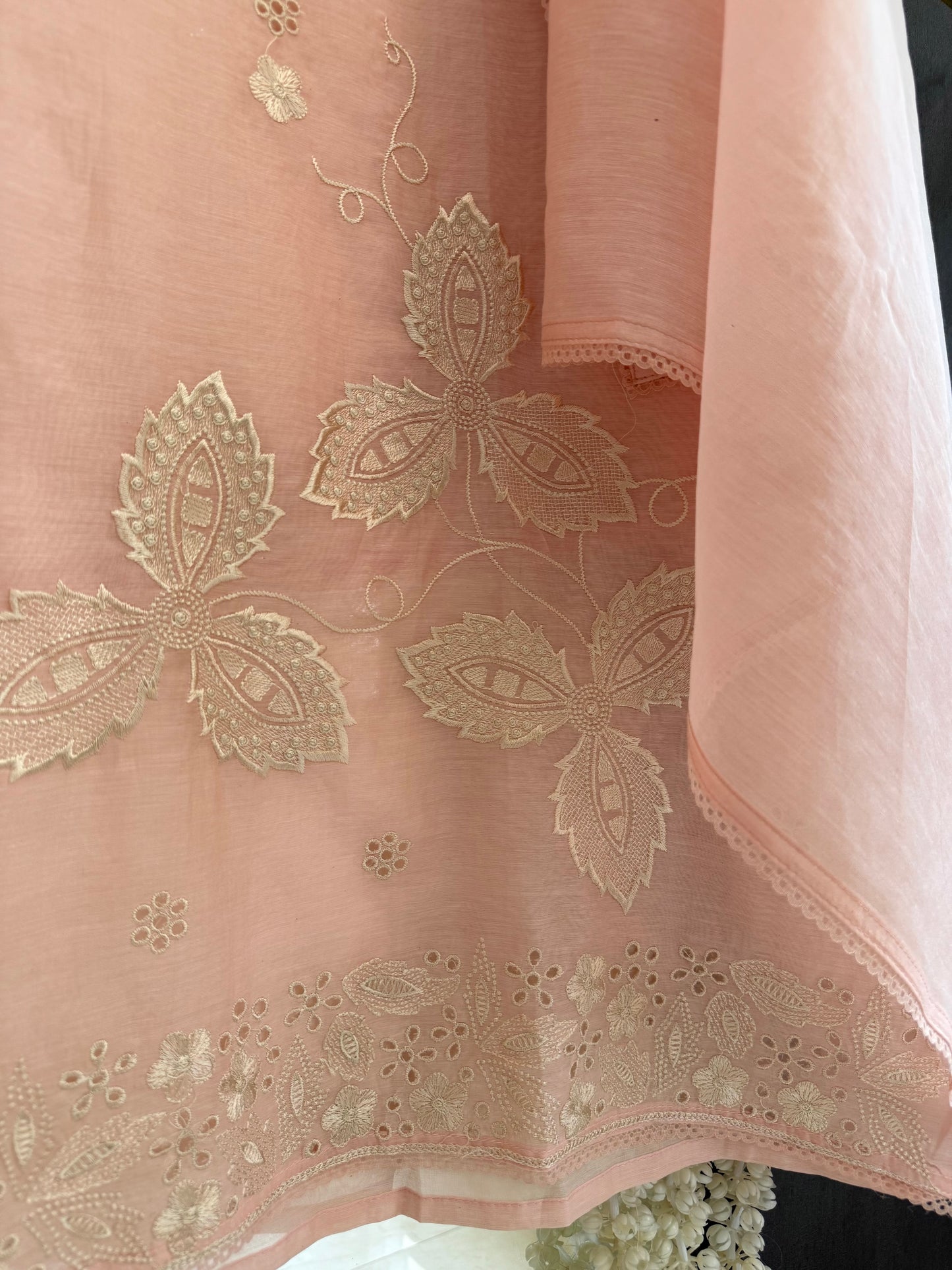 Luxurious Mul chanderi threadwork schiffili suit