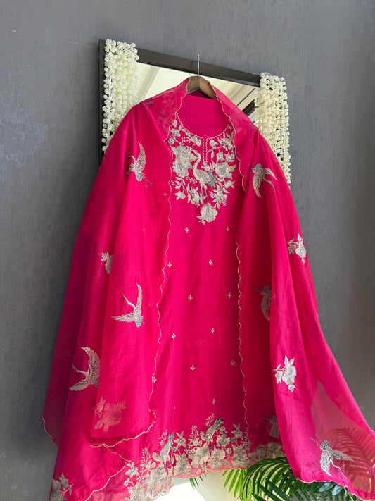 Chanderi parsi work flamingos suit