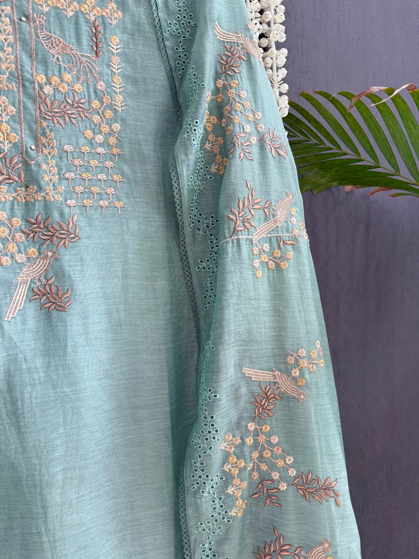 Luxurious Mul chanderi schiffili peacock suit