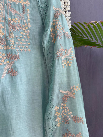 Luxurious Mul chanderi schiffili peacock suit