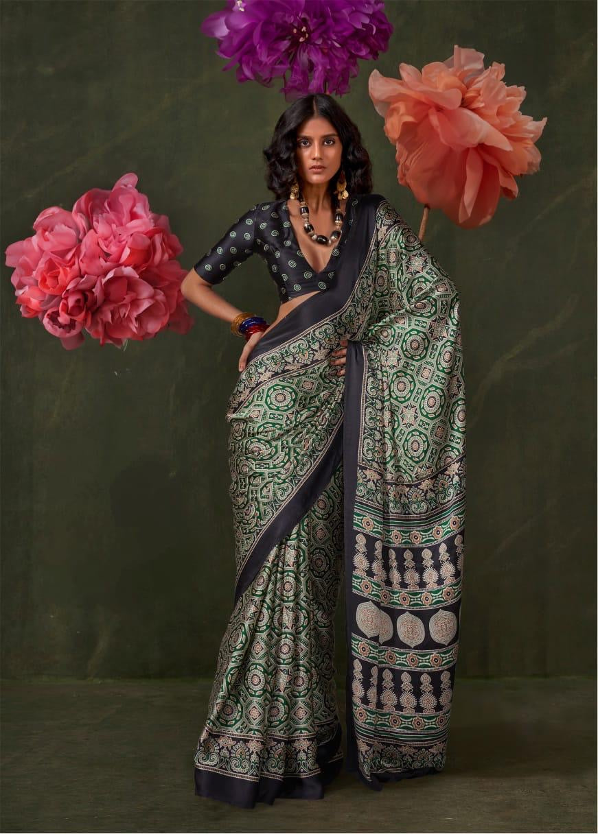 Satin crepe Ajrakh printed saree