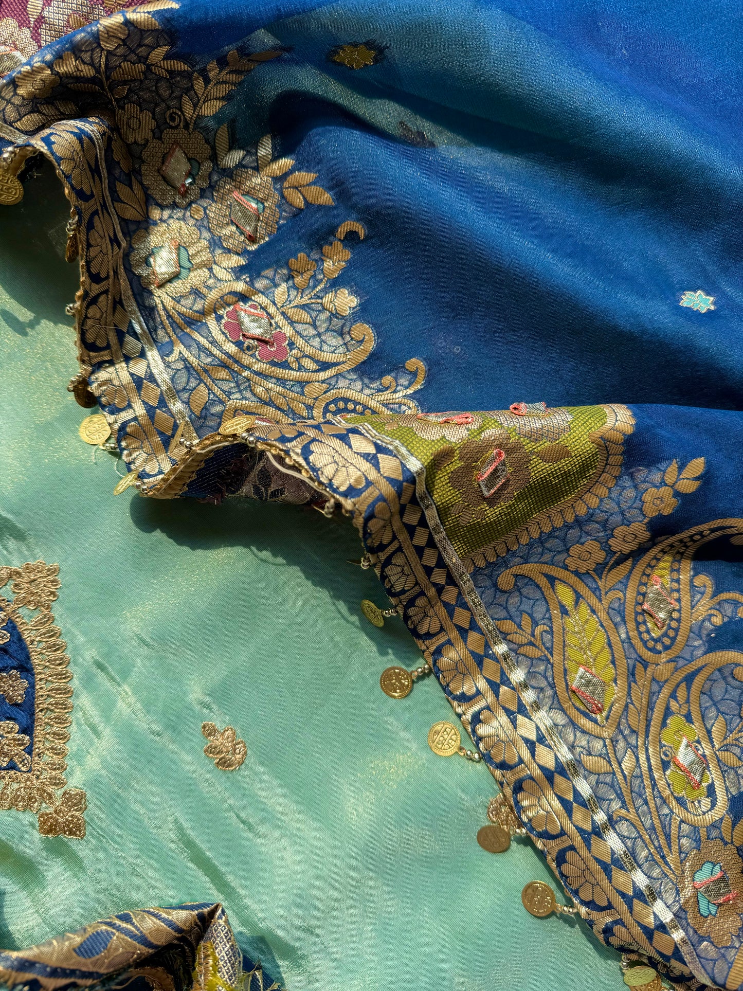 Tissue silk Aari work Meenakari suit