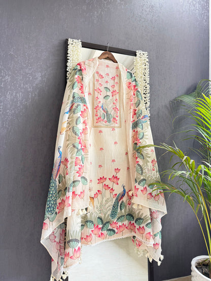Mulmul cotton deers peacock handwork suit