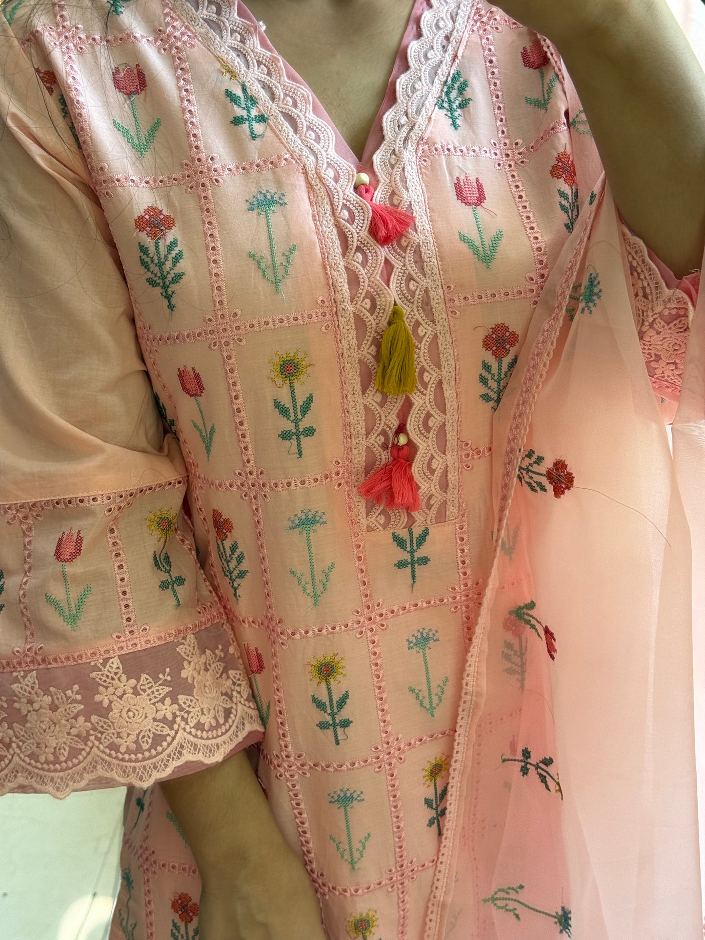 Cotton checked floral designer suit