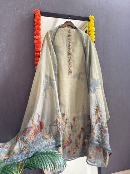 Pure linen birds frenchknot kantha work suit