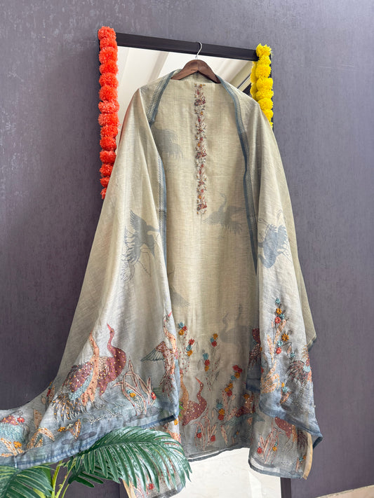 Pure linen birds frenchknot kantha work suit