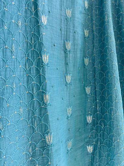 Luxurious Mul chanderi lucknowi tulip and hearts suit